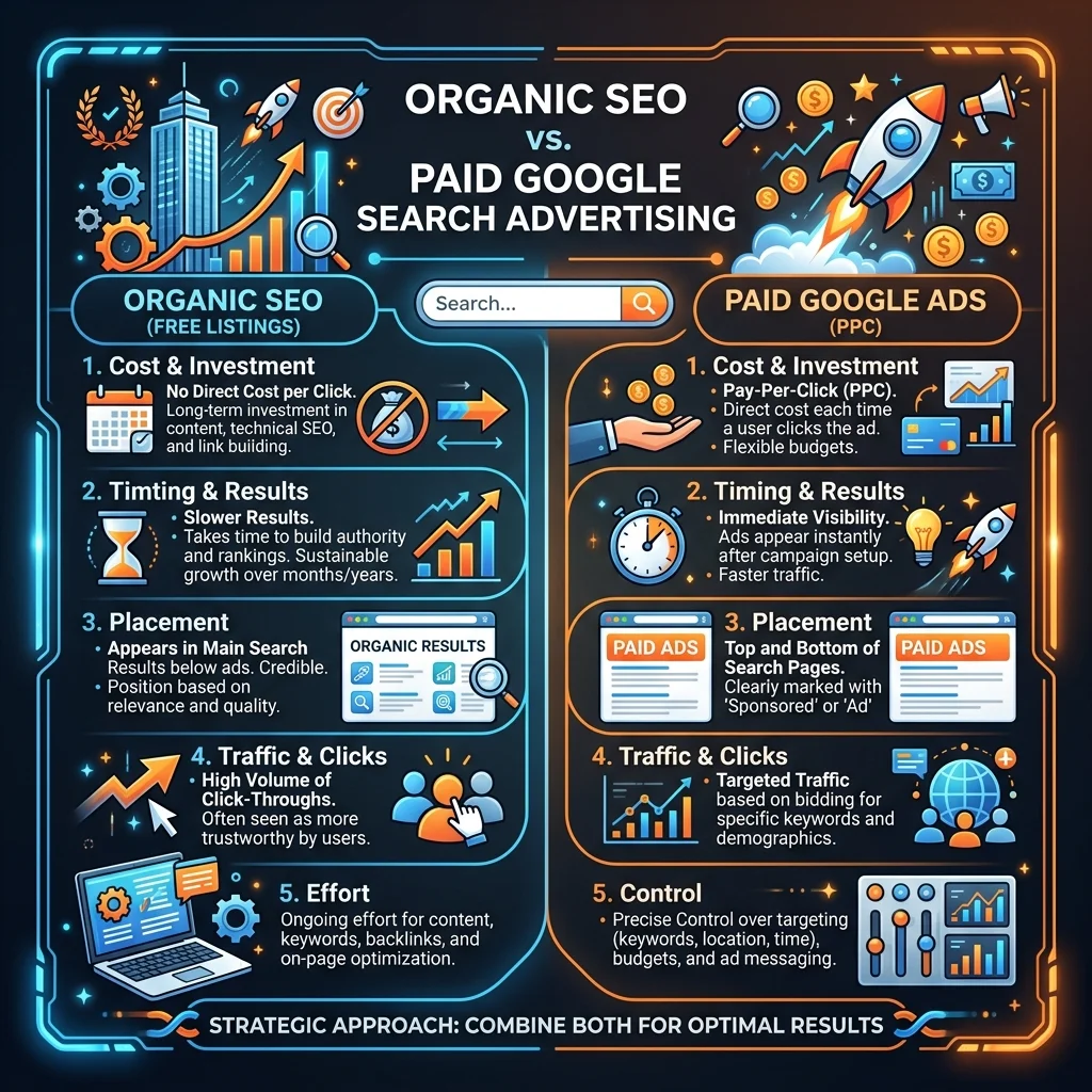 SEO vs Google Ads comparison guide illustration chart